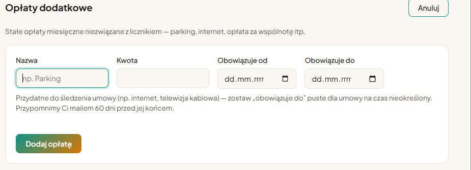 Formularz dodawania opłaty dodatkowej z polami „Obowiązuje od” i „Obowiązuje do”