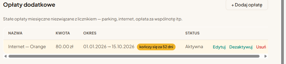 Tabela opłat dodatkowych z podświetloną opłatą „Internet — Orange”, kończącą się za 52 dni