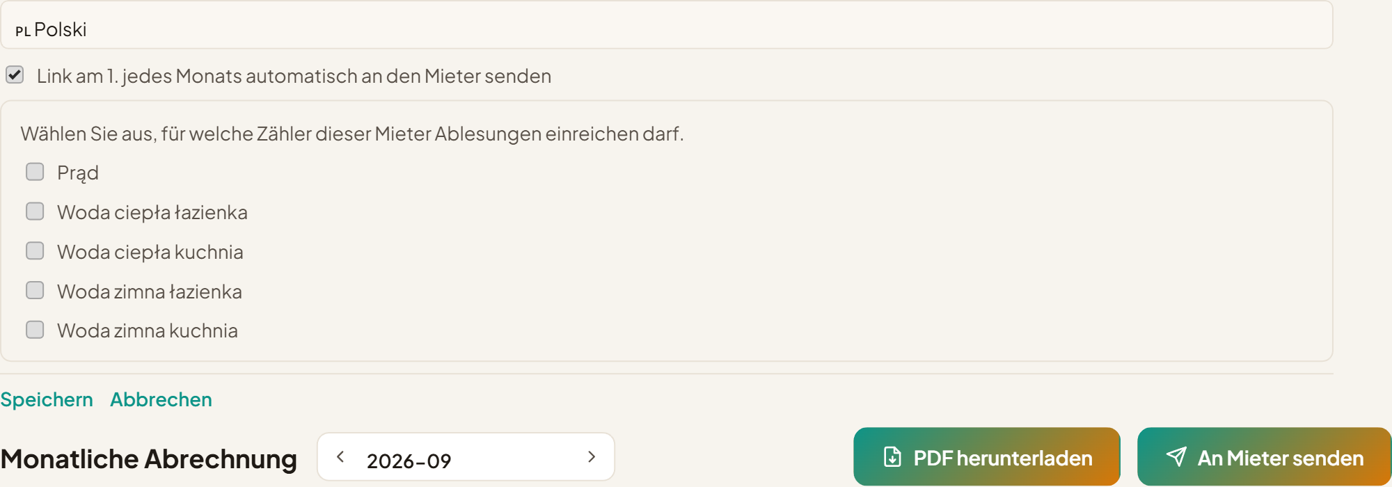 Bearbeitungsformular des Mieters mit aktivierter automatischer monatlicher Link-Option und der Zählerliste