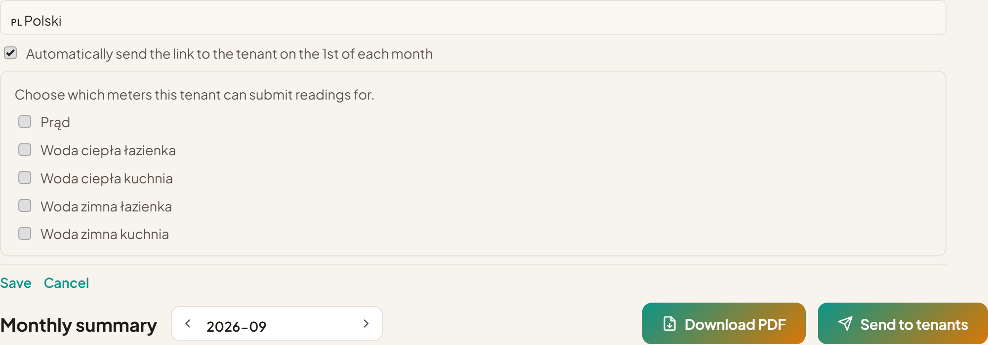 Tenant edit form with the automatic monthly link option checked and the meter list