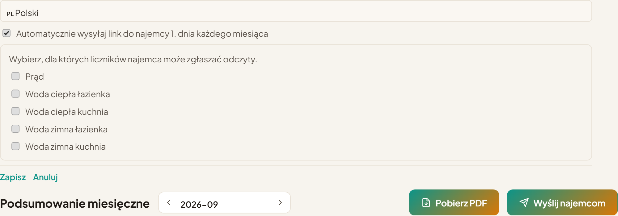 Formularz edycji najemcy z zaznaczoną opcją „Automatycznie wysyłaj link do najemcy 1. dnia każdego miesiąca” i listą liczników, nad sekcją „Podsumowanie miesięczne”