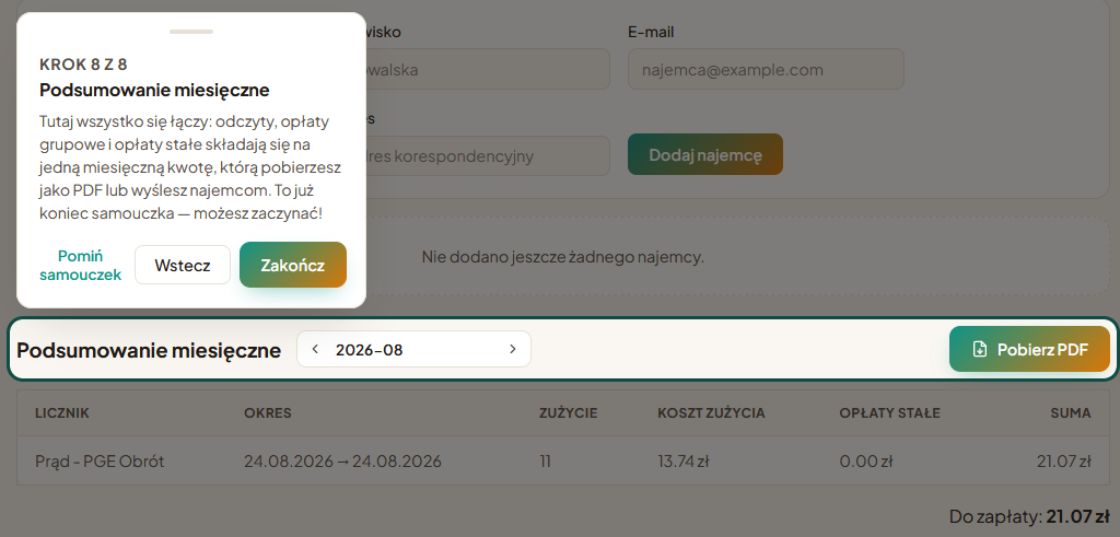 Krok 8 z 8 samouczka — gotowe podsumowanie miesięczne z wyliczonym zużyciem i kosztem