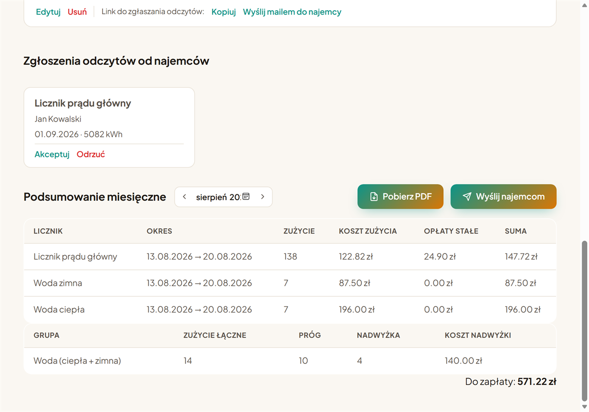 Miesięczne podsumowanie rozliczeń gotowe do PDF