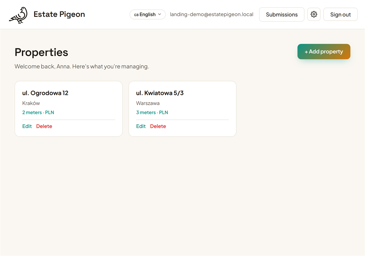 Estate-Pigeon-Übersicht mit einer Liste von Immobilien