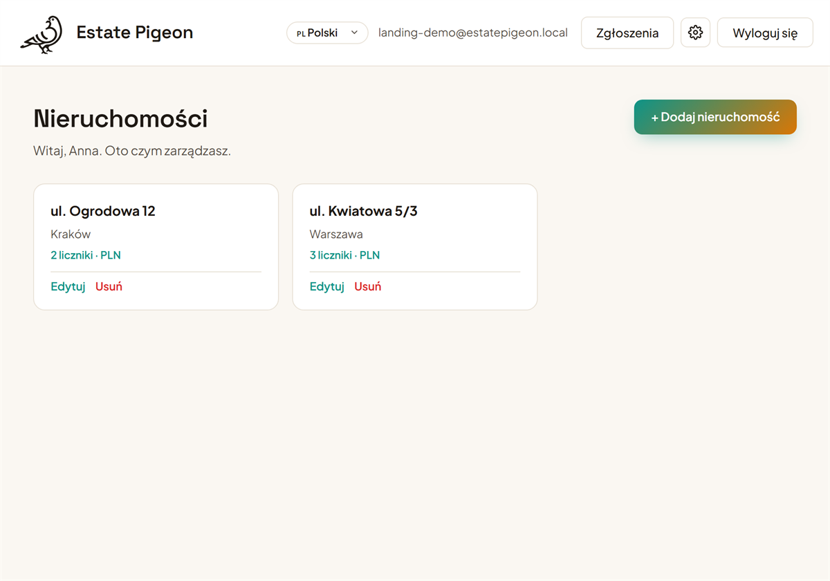 Lista nieruchomości w Estate Pigeon